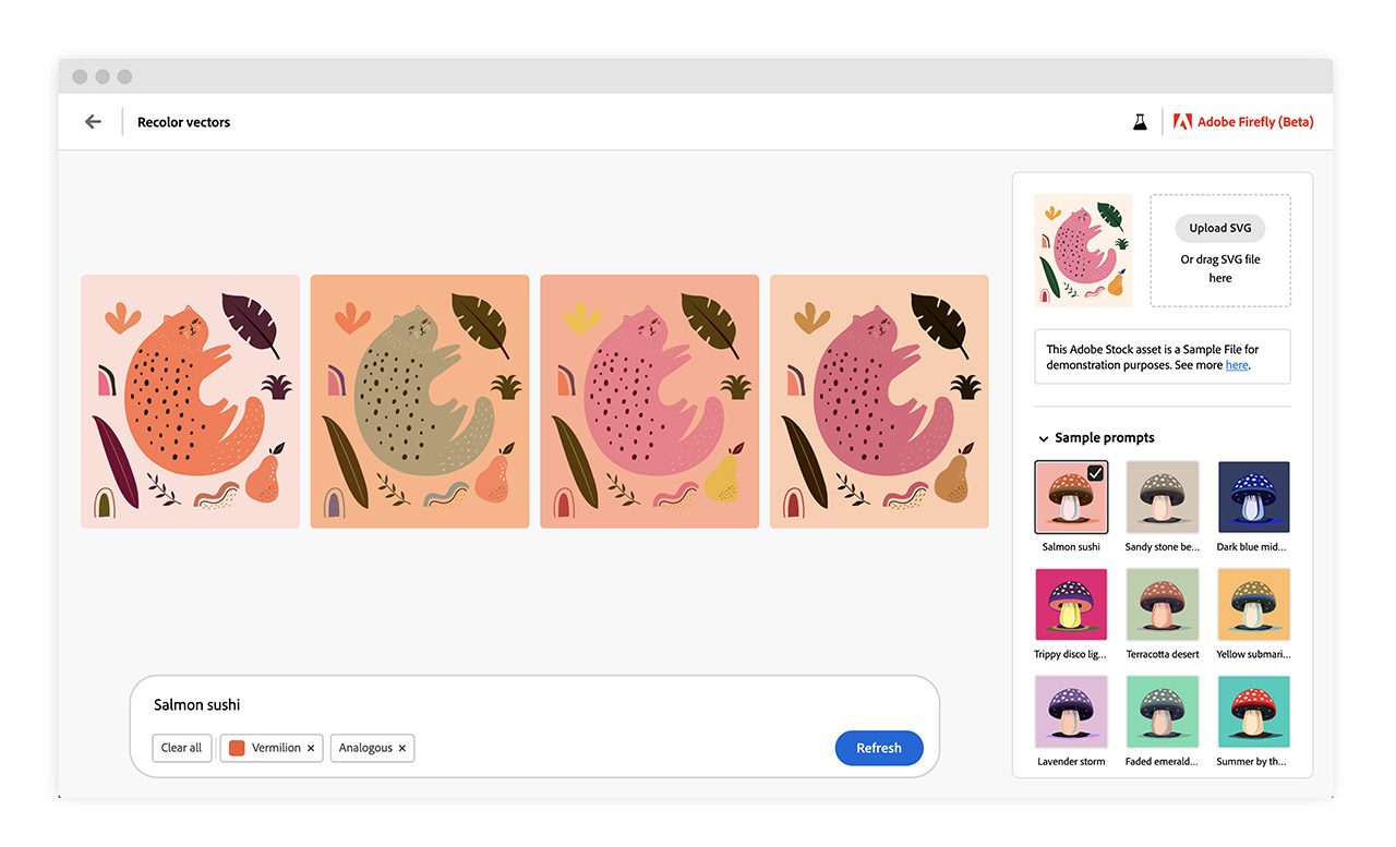 アドビ、「Firefly」にジェネレーティブAIを搭載したベクターアートの再配色を追加説明写真